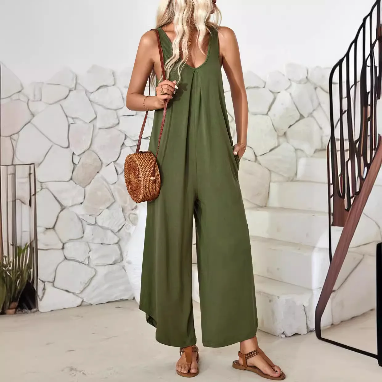 

Women Jumpsuits Overalls V Neck Sleeveless Rompers One Piece Loose Wide Leg Pants Ankle Length Solid Pockets High Street