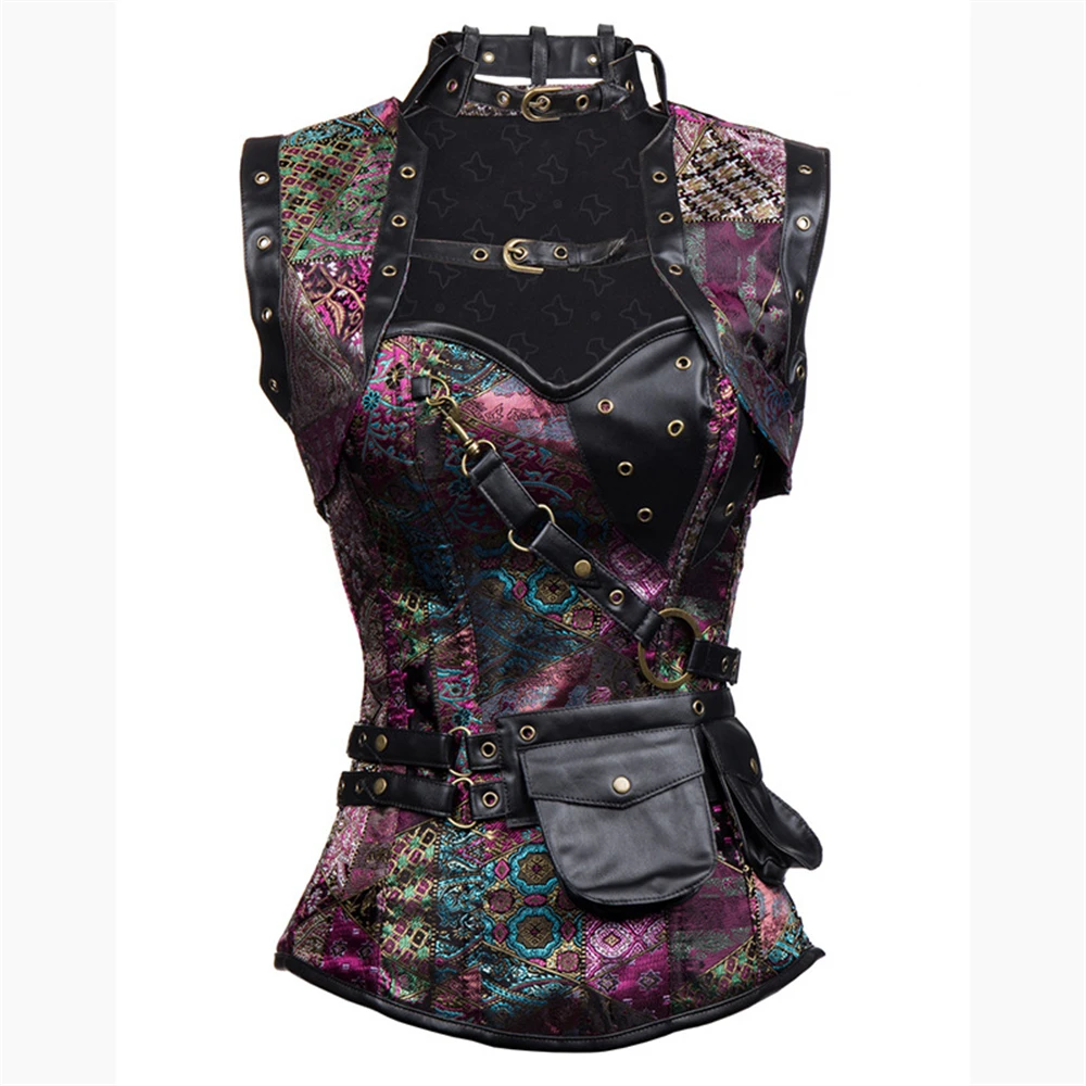 

Purple Vintage Faux Leather Steampunk Women Corset Set Korsett Plus Size Gothic Jacquard Steel Boned Bustiers & Corsets Top