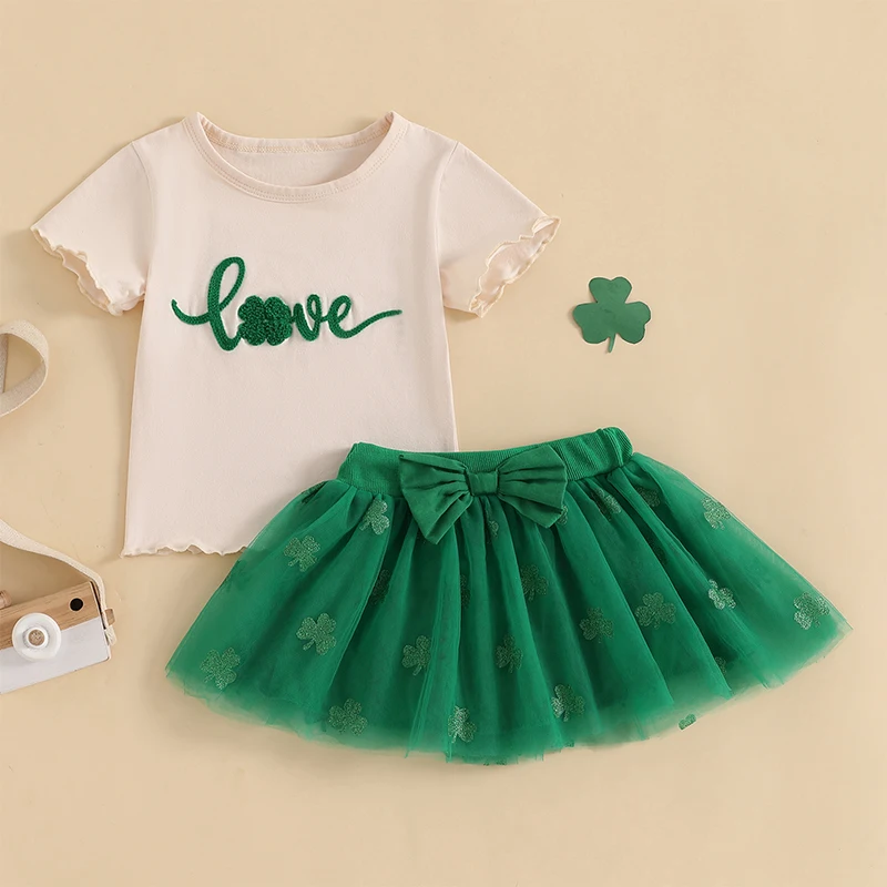 Toddler Girls Irish Day Outfits Letter Embroidery Short Sleeve T-Shirt and Elastic Clover Tulle Skirt Set Infant Baby Clothes