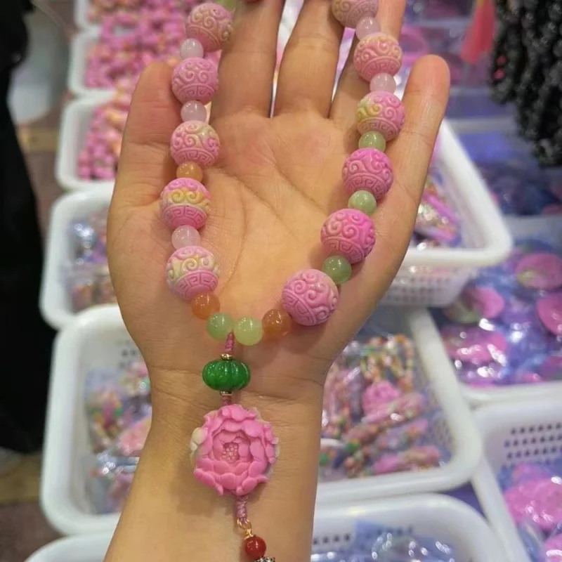 Popular Yanyuan Agate Fret Beads Handheld Factory Live Broadcast Bracelet Pink Tender