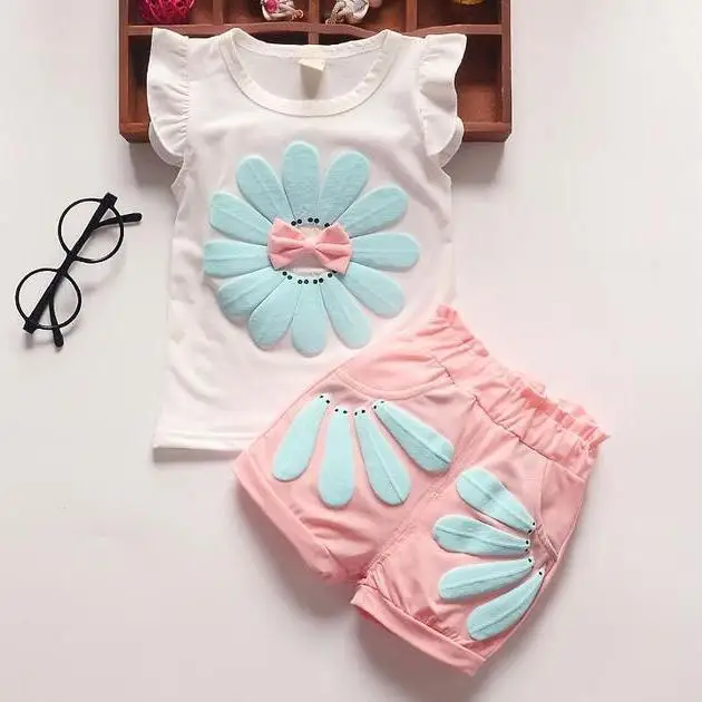 Summer Toddler Girl Ruffle Sleeve Top Shorts Set Daisy Bow Soft Cotton Baby 2Pcs Casual Outfit Summer Daily Clothes Set