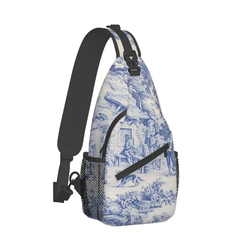 

Fashion Toile De Jouy Navy Blue Motif Sling Crossbody Backpack Men Classic French Art Shoulder Chest Bags for Camping Biking