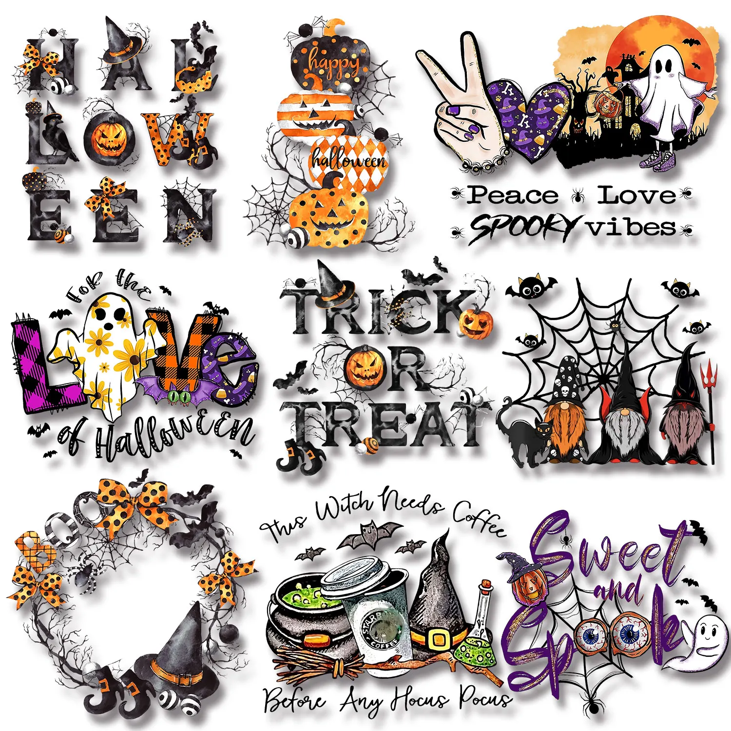 Halloween  Peace Love Spooky Vibes Boo Trick or Treat Iron-on Transfers for Clothing Strong Color Fastness Washable Diy Craft