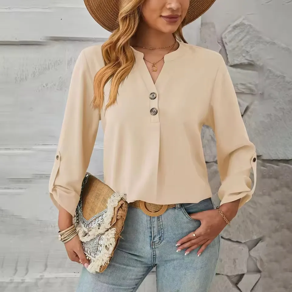 

Женская однотонная рубашка на пуговицах с v-образным вырезом, весна-лето, элегантная блузка с длинными рукавами, топы, модные персонализированные уличные рубашки