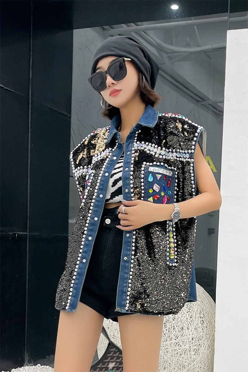 Cakucool European Style Denim Vest Women Embroidery Sequins Crystal Beading Sleeveless Jacket Chic Fashion Dance Vest Plus Size