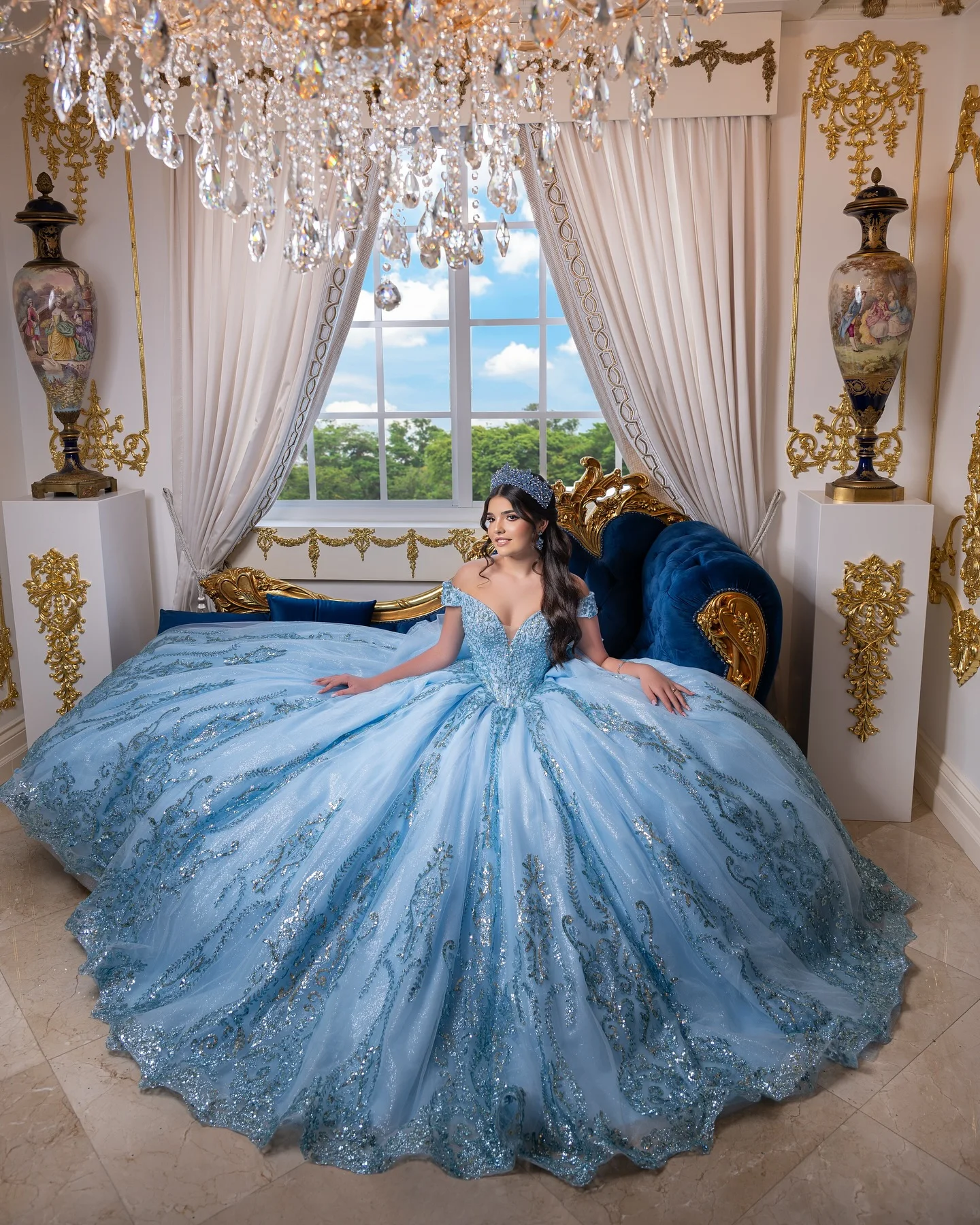 Customized Glittered Sky Blue Quinceanera Dresses Sequin Sweetheart Off Shoulder Ball Gown Vestidos De 15 Años XV Brithday Dress