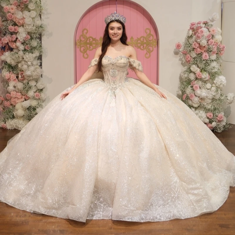 

Champagne Shiny Quinceanera Dresses Off The Shoulder Sequin Applique Beading Crystal Bow Tull Corset Party Birthday Sweet 16 Dre