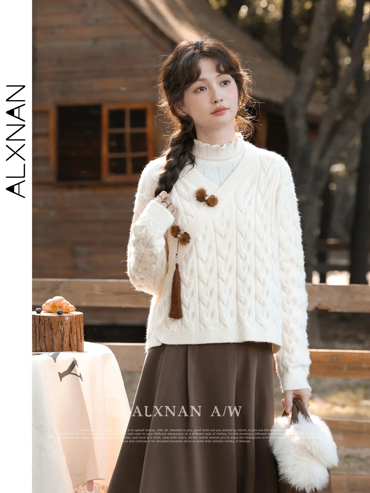 ALXNAN Apricot Knitted Sweater Woman 2024 Fall Winter V-neck Straight Loose Long Sleeve Tops Soft Jumper Sold Separately L330166