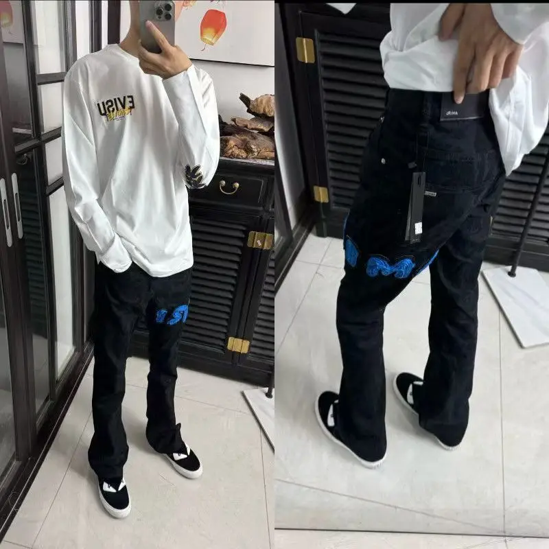 

Faionable American Sle Slim Fit Jeans Embroidered Patch Hole Straight Leg Casual Long Pants Cotton Polyester Blend