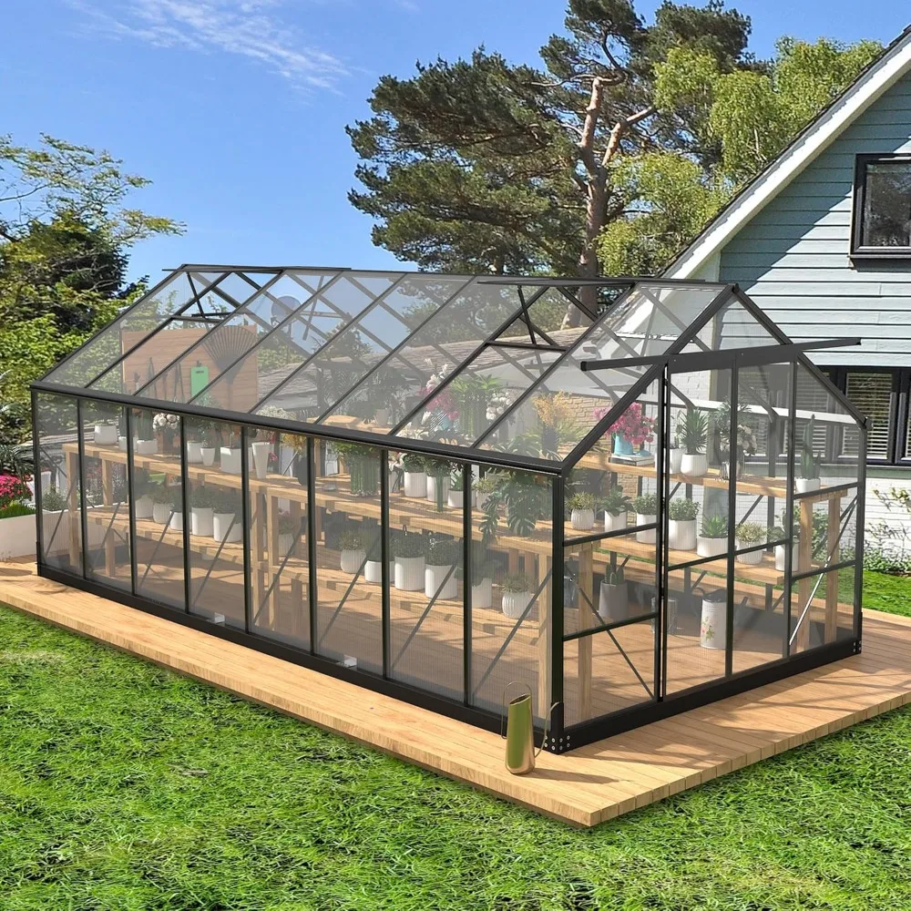 

8x16 FT Green Houses for Outside with 4 Adjustable Roof Vents, Walk-in Aluminum Frame Greenhouse with Sliding Doors (8x16FT)