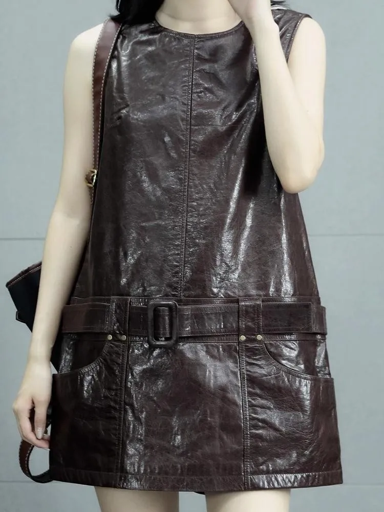 Concise Style Solid Color Round Neck Sleeveless Genuine Leather Dress Fashion Sashes Pocket Zipper Ladies Cowhide Sundress