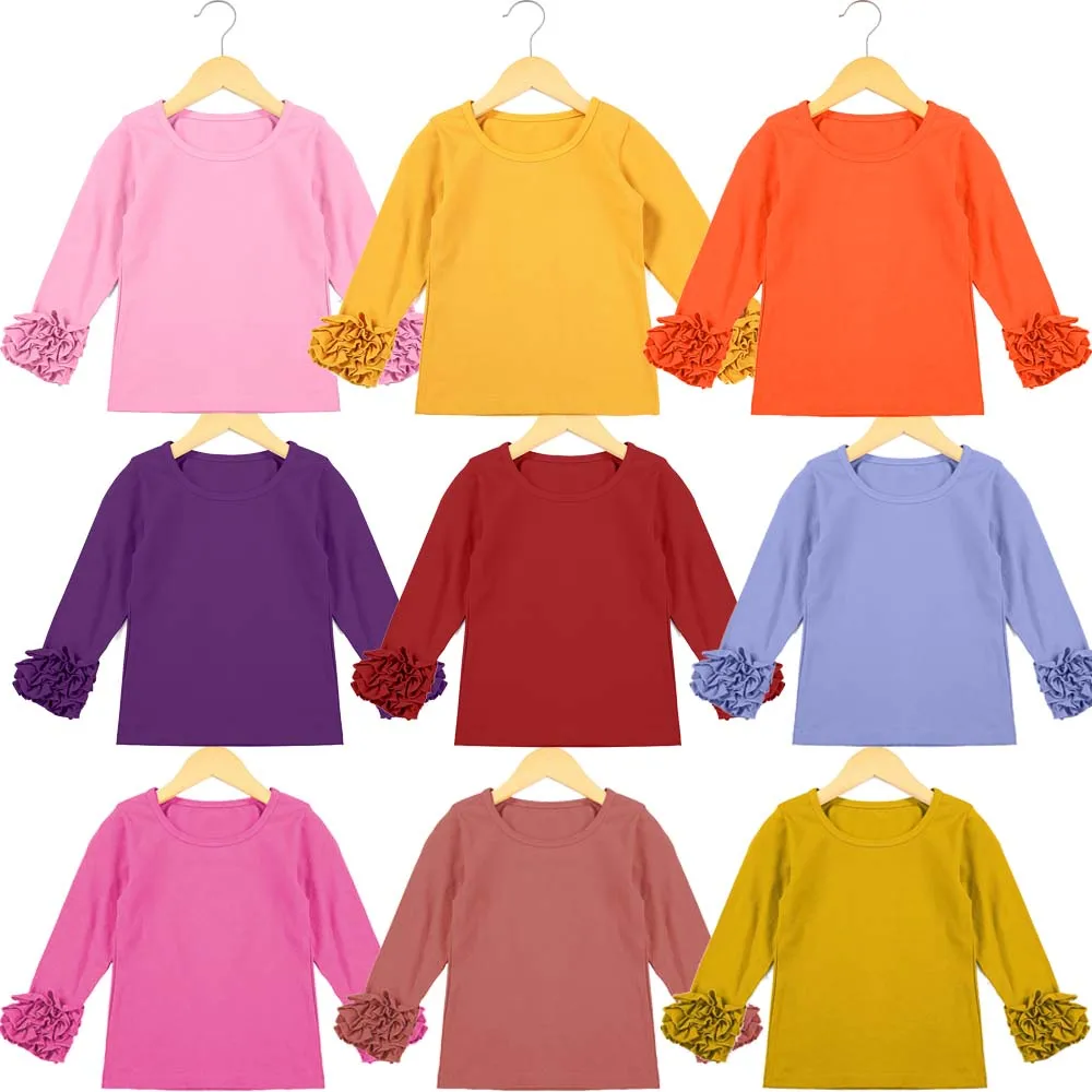 

Autumn Winter Little Girls Plain Top Long Sleeve Shirts Cotton Sassy Fall Girls Casual Icing Ruffle Sleeve T-shirts Girl Clothes