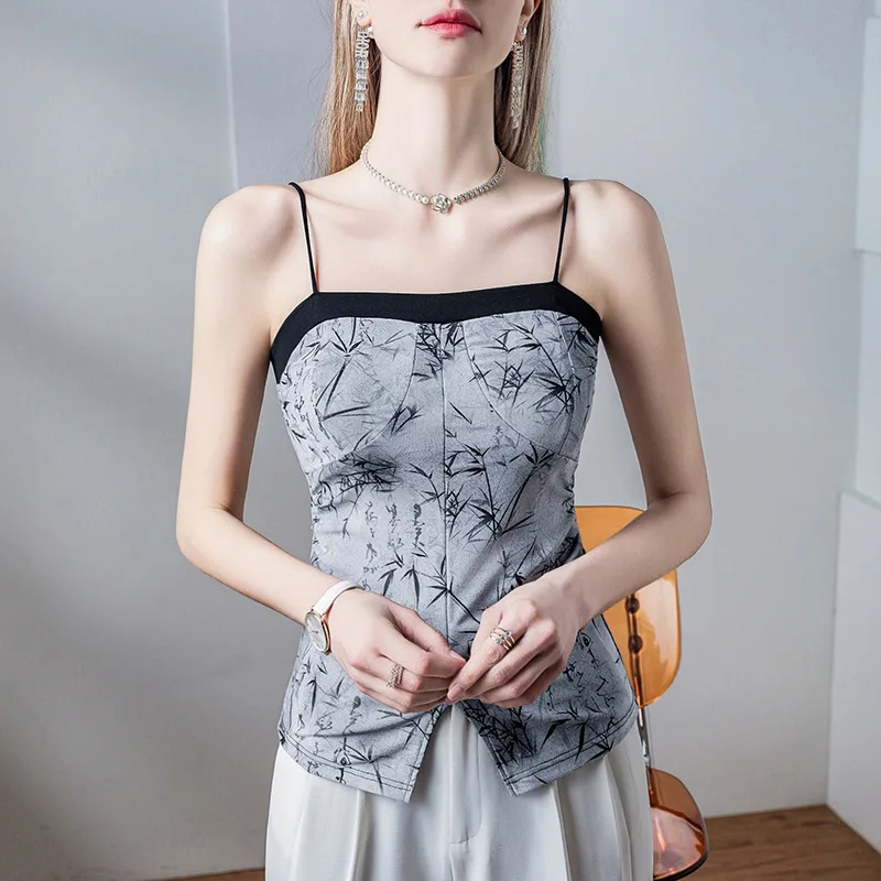 Boweylun New Vintage Chinese Style Printed Camisole Women Slim Split Design Tank Top