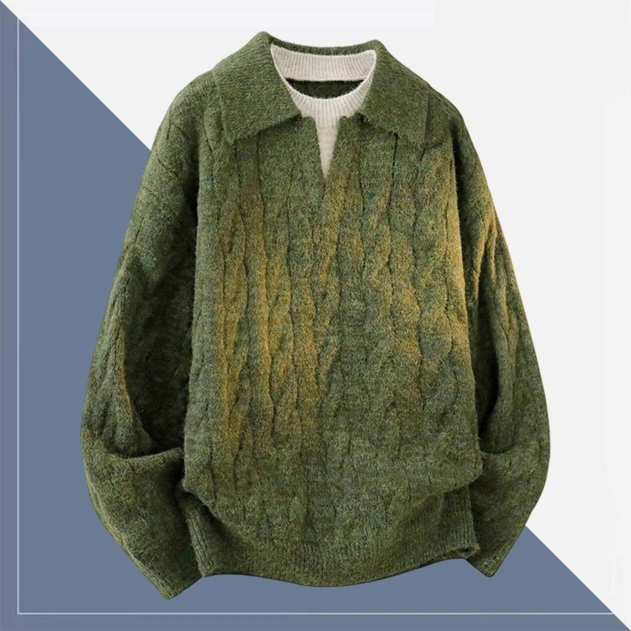 

2200, осень-зима, новый ретро-поддельный свитер из двух частей с отложным воротником, мужской свободный белый внутренний слой, зеленый внешний слой, ленивый стиль