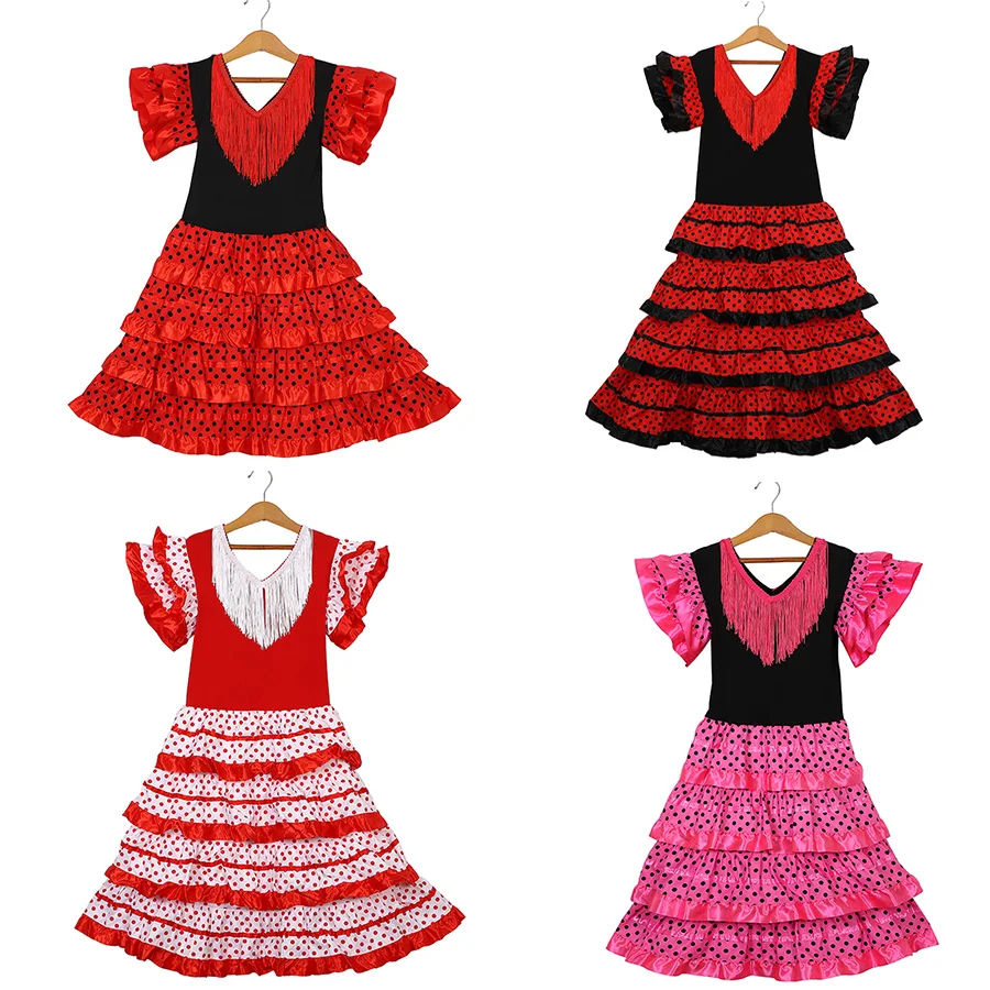 Traditionelles spanisches Tanz kleid für Mädchen Festival Quaste Punkt Kleid vier Farben klassischen Flamengo Zigeuner Stil Kinder rock