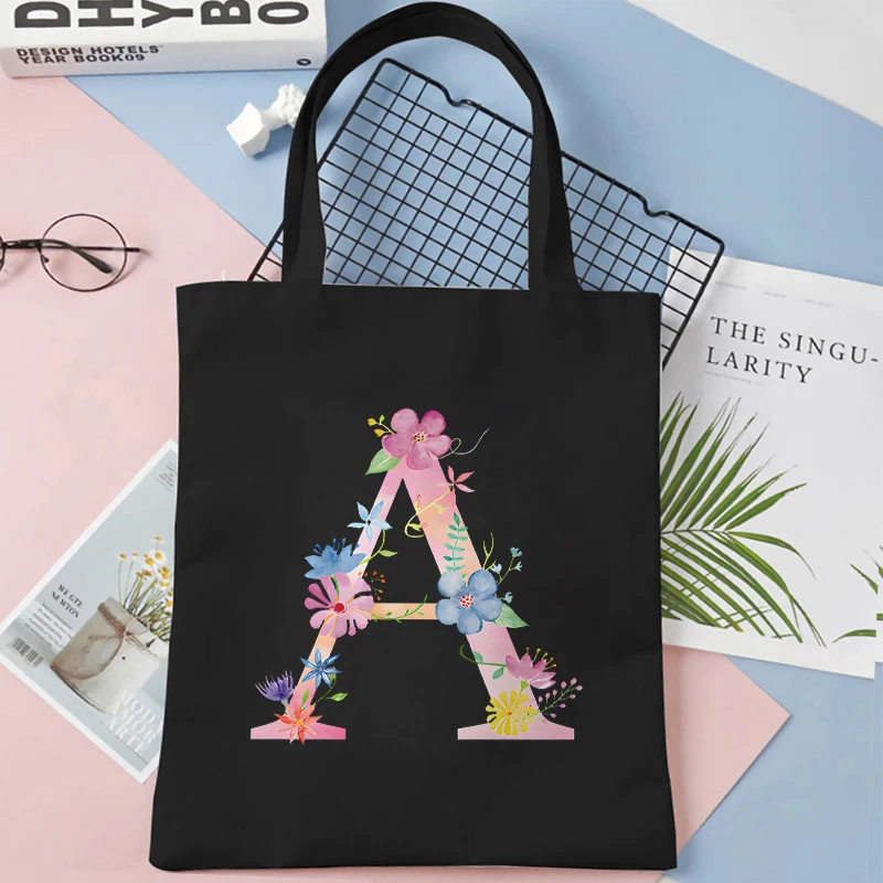 26 Alphabet Women Handbag Shopper Bags Flower Letter Series Canvas Tote Bag Harajuku Large Capacity Black Shopping Shoulder Bag