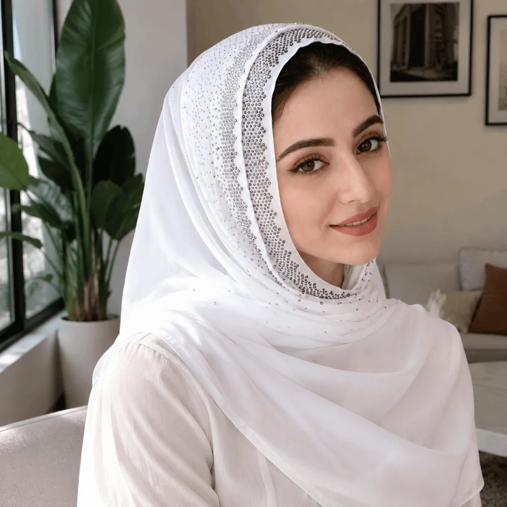 Shiny Full Cover Rhinestone Chiffon Scarf Breathable Soft Prayer Hijab Solid Color Elegant Crinkle Shawl Wedding