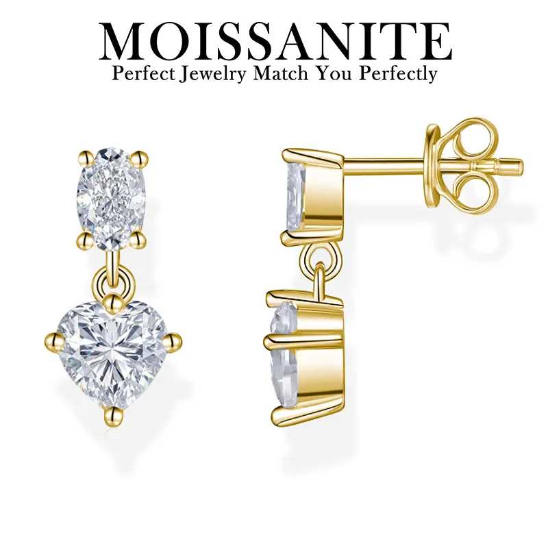 

3CTW Moissanite Earrings Heart Shape Drop 925 Sterling Silver 18K Gold Plated Elegant Style Comes with GRA Certificate