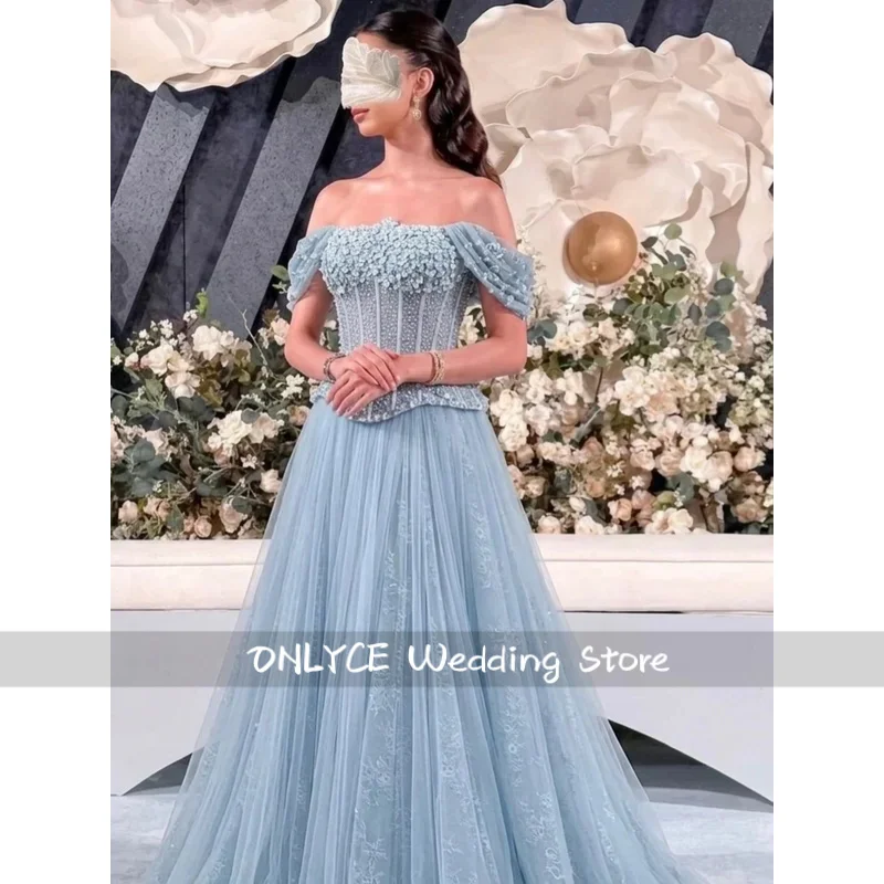Customized Delicate Blue Off Shoulder Corset Evening Dresses Lace Floor Length Prom Dresses Women Formal Wedding Party Gowns