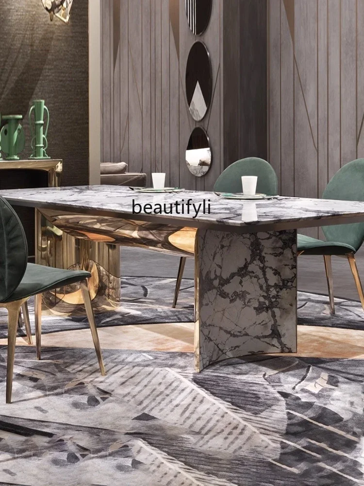 ss newHigh-End Entry Lux Style Marble Dining-Table Modern Stainless Steel Rectangular Dining Tables and Chairs Combination Villa