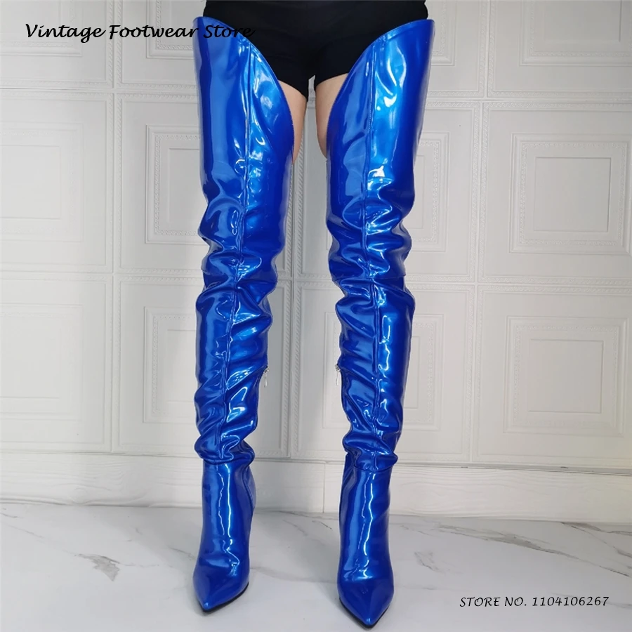 Concise Metallic Leather Thigh-high Boots Sexy Pointed Toe Thin Heels Party Shoes Women's Spring Autumn Over-the-knee Boots