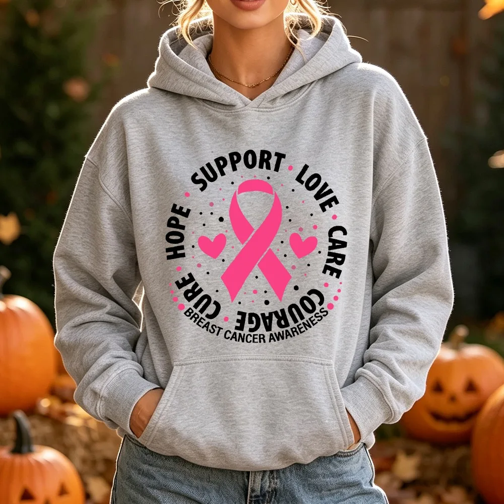 Women's Pink Ribbon Hoodie Breast Cancer Awareness Support Hope Love Care Courage Cure Sweatshirt Fall Gift Top Hoodies Clothes
