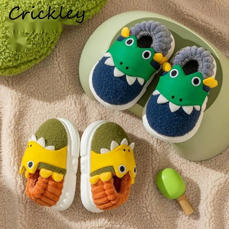 2024 Dinosaur Toddler Boys Girls Slippers Winter Cartoon Kids Floor Shoes Plush Warm Soft Sole Room Children Slippers