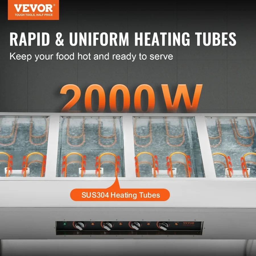 Commerciële voedselverwarmer 4 x 20,6 QT elektrische stoomtafel 2000 W professionele buffetcatering voedselverwarmer met 4 wielen 2 Loc