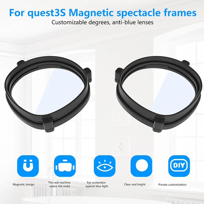 Meta Quest3S 용 블랙 마그네틱 아연 합금 안경 프레임, 3 포인트 마그네틱 부착 VR 액세서리