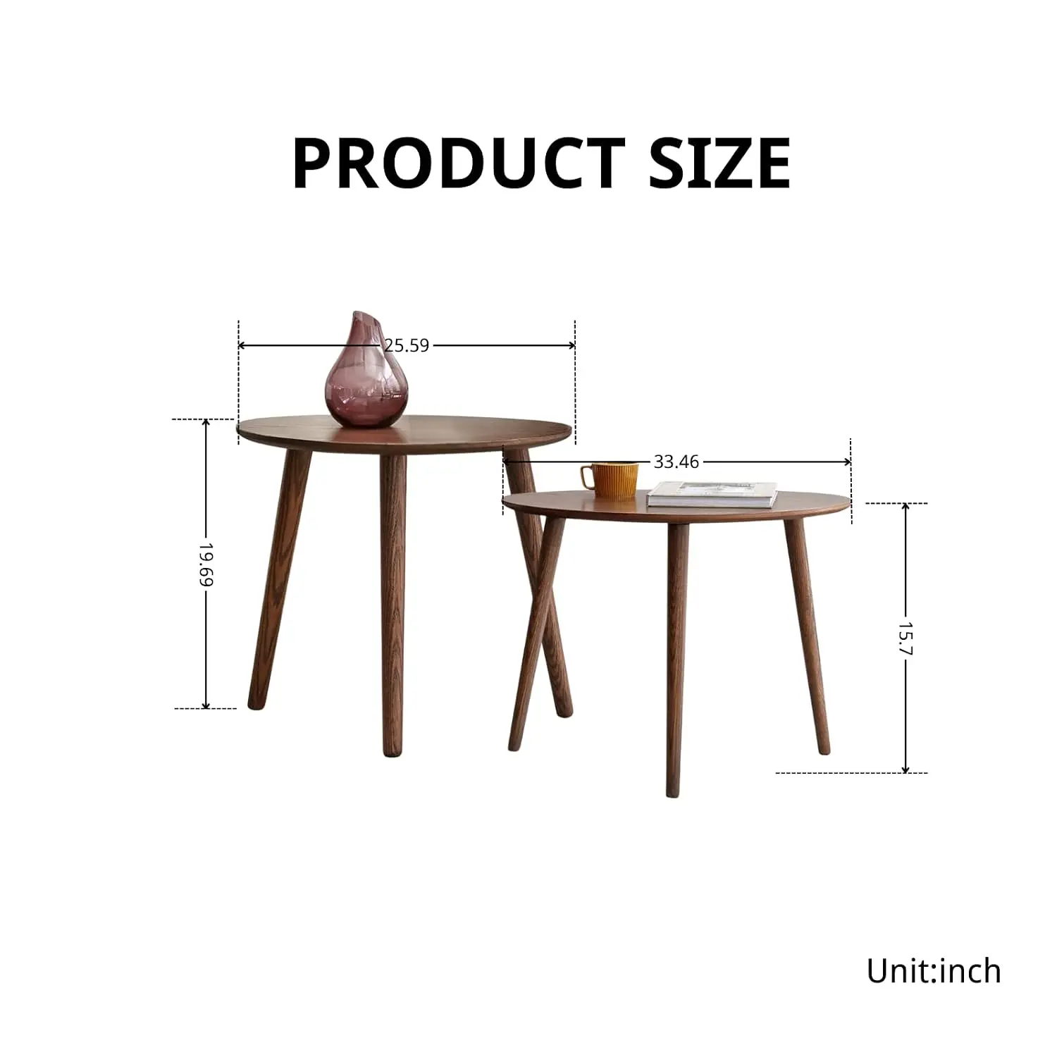 Solid Oak Nesting Coffee Table Set Mid Century Modern Oval & Round Pebble Side Table Living Room Balcony Walnut, Customized