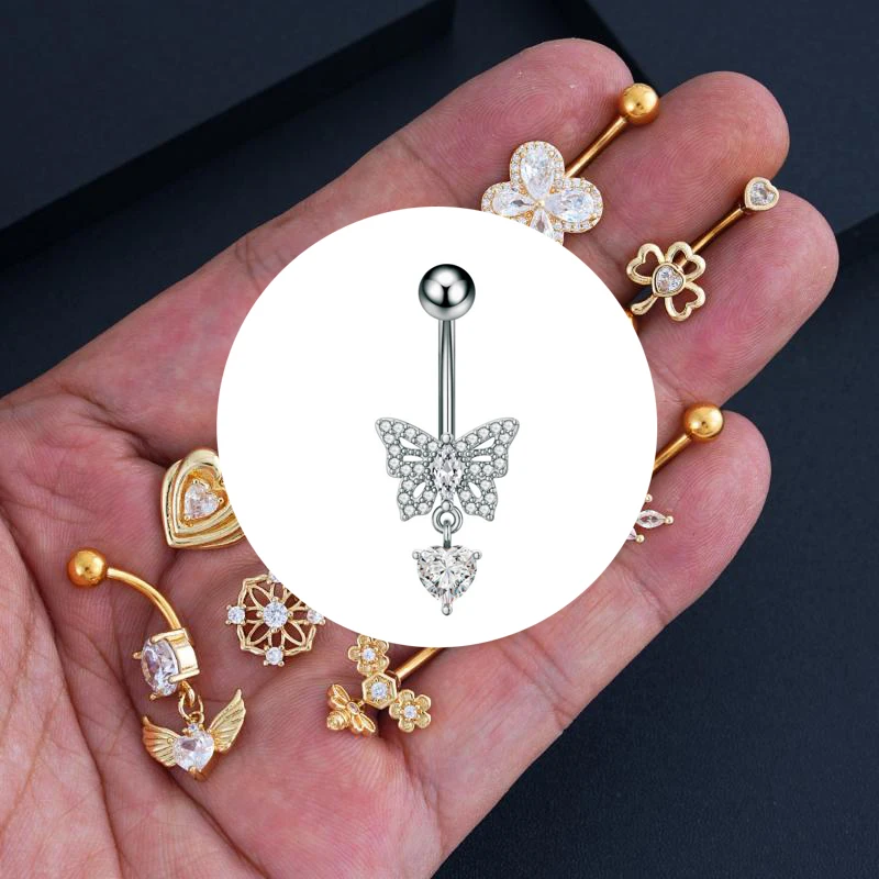 خاتم زر البطن الساحر من الفولاذ المقاوم للصدأ، تفاصيل القلب والزركون، إكسسوار مثير لثقب الجسم للنساء، مجوهرات الشاطئ #1