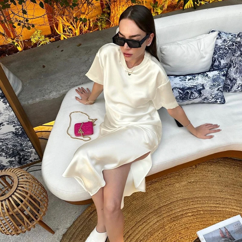 فساتين أنيقة من الساتان بفتحة مستقيمة للربيع للنساء برقبة دائرية وأكمام قصيرة فستان متوسط صيفي عالي الخصر بلوفر بطول الركبة #4