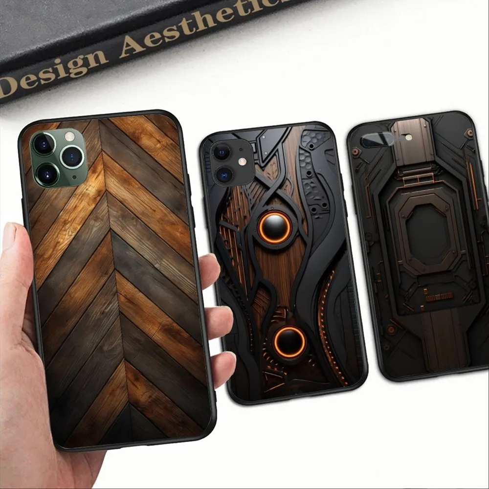 Wood Texture Mobile Cell Phone Case for iPhone 15 14 13 12 11 XS X 8 7 6 Plus Mini Pro Max SE 2022 Black Soft Phone Cover Funda