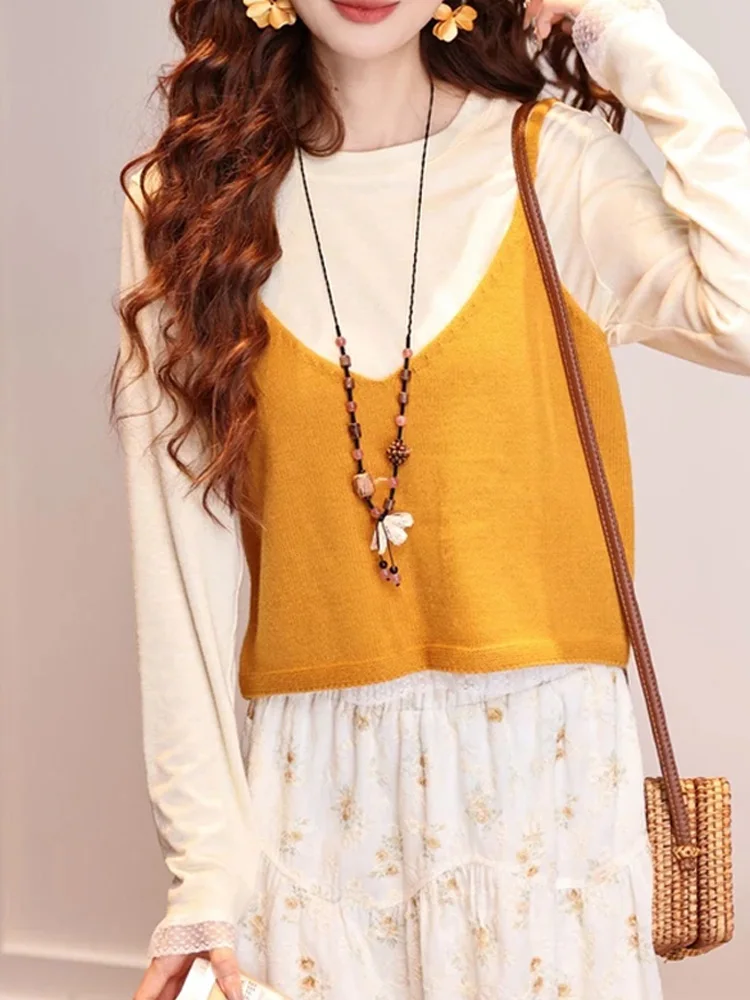 

Retro Hong Kong Sle Knitted Vest Long Sve Women's Faionable Top Age-Defng Trendy Loose Fit Pullover Autumn New Arrival