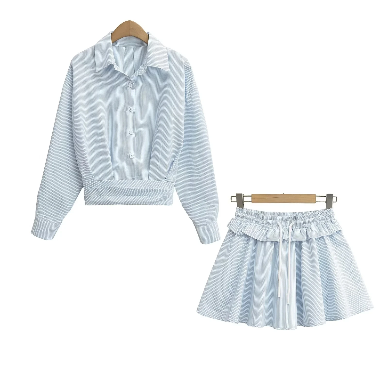 アメリカンシンプル無地カレッジ風長袖シャツツーピースセットスパイシーガールハイウエストプリーツショートスカートAラインアンブレラスカートセット