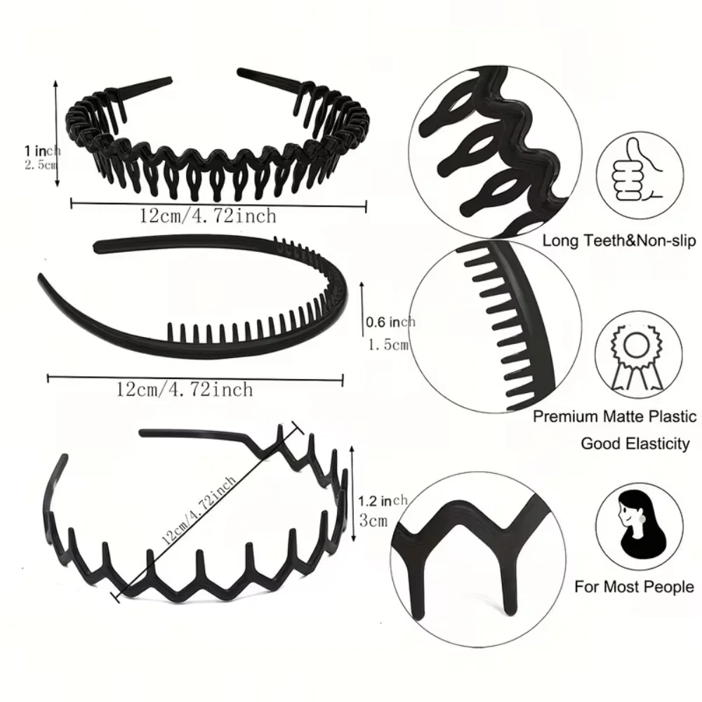 6-Piece Black Plastic Tooth Headband Set, Non-Slip Multi-Style Hairbands, Suitable for Daily Hairstyles, Makeup, and Face