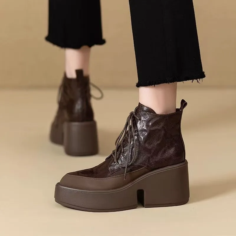 

2025 New High Heels Women Ankle Boots Platform Office Leather Shoes Brand Lace Up Short Boots Winter Fashion Pumps Snow Boots