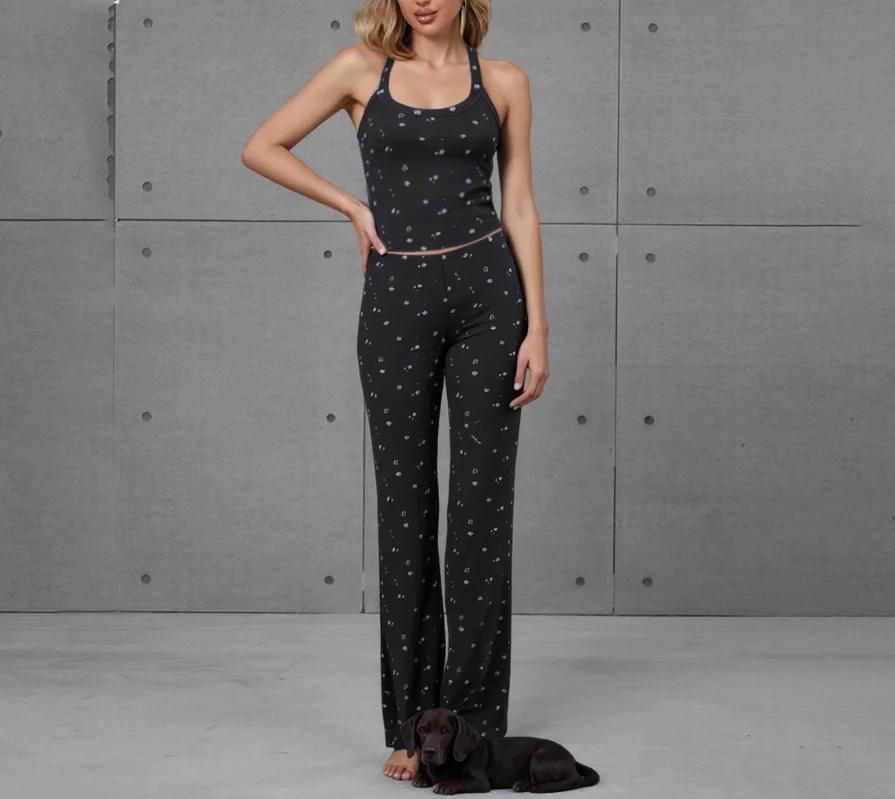 

Women's Two-Piece Set 2026 Summer New Personalized Fashion Pit Stripe Floral Print Vest Casual Sleepwear Pants Set