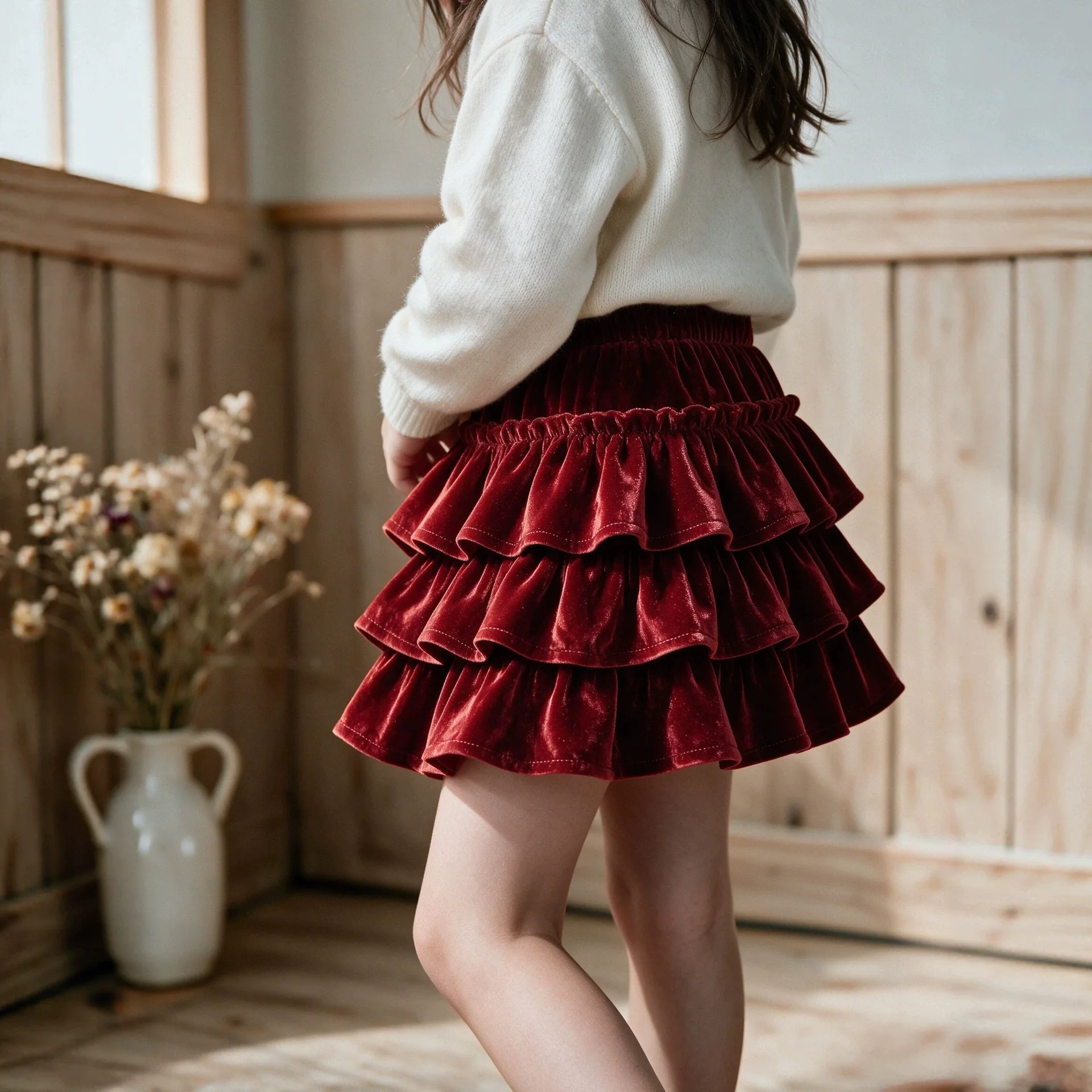 2026 New Girls Velvet Ruffle Cake Skirt Stylish Fluffy Short Half Skirts Kids Sweet Fashion Layered Dress
