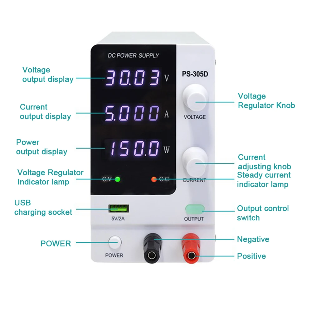 Imagem -06 - Usb dc Regulado Laboratório Fonte de Alimentação Regulador de Tensão Ajustável Estabilizador Switch Bench Fonte de Energia on Off 30v 5a