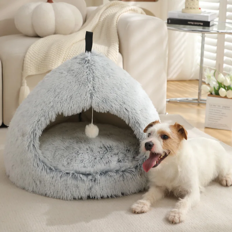 Long Plush Cat House Winter Warm Pet Cat Sleeping Nest with Ball Toy Non-slip Cozy Dog Kennel Puppy Kitten Cave Pet Supplies