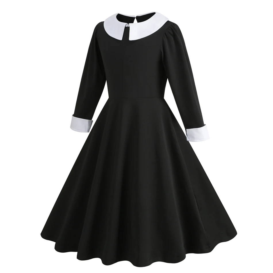 W-Wednesday Addams Costume Girl Dress for Girls Black Dress Dark Theme Halloween Girl Costume Birthday Party Girls Dresses