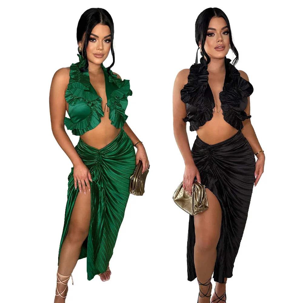 Female Vestidos Beach Bathing Suits Playa Summer Women 2024 Outfits Dress Suit Sleeveless Slit Ruffled Pleated Skirt Set Wear