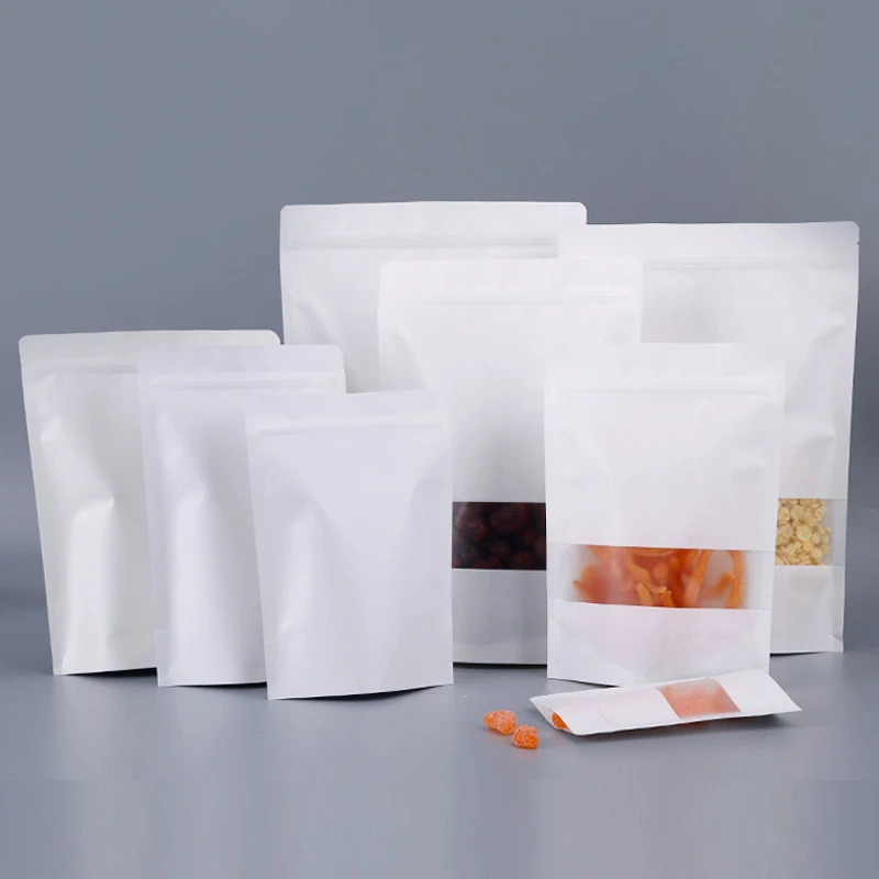 Thick White Kraft Paper Stand Up Package Bags Frosted Window Heat Sealing Food Coffee Bean Snacks Gift Zip Lock Packing Pouches