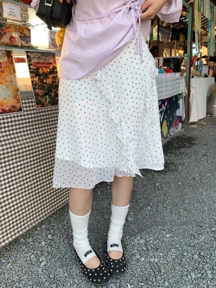 

Deeptown Korean Style Asymmetrical Skirts Women Polka Dot Elegant Ruffle Skirts Sweet Vintage Fashion Short Skirts Aesthetics