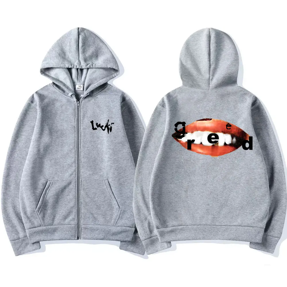 Rapper Lucki Greed Inspired Lip Print Zipper Hoodie Men Women Vintage Oversized Zip Up Jacket Male Hip Hop Fashion Sweatshirts