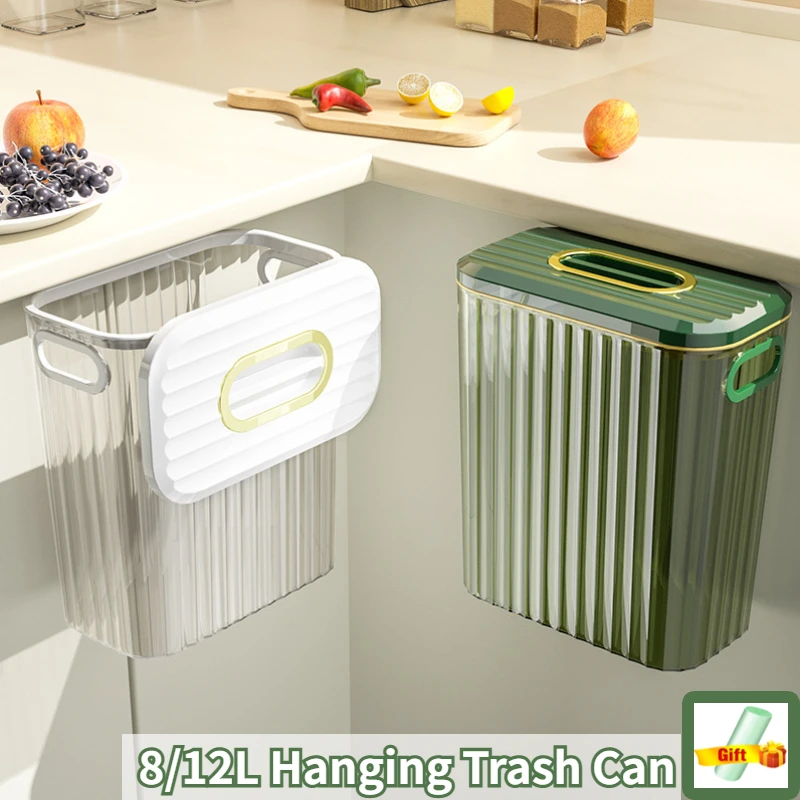 12L Wall Mounted Trash Can Kitchen Cabinet Storage With Lid Smart Bucket Bathroom Recycling Hanging Trash Bins Kitchen Organizer