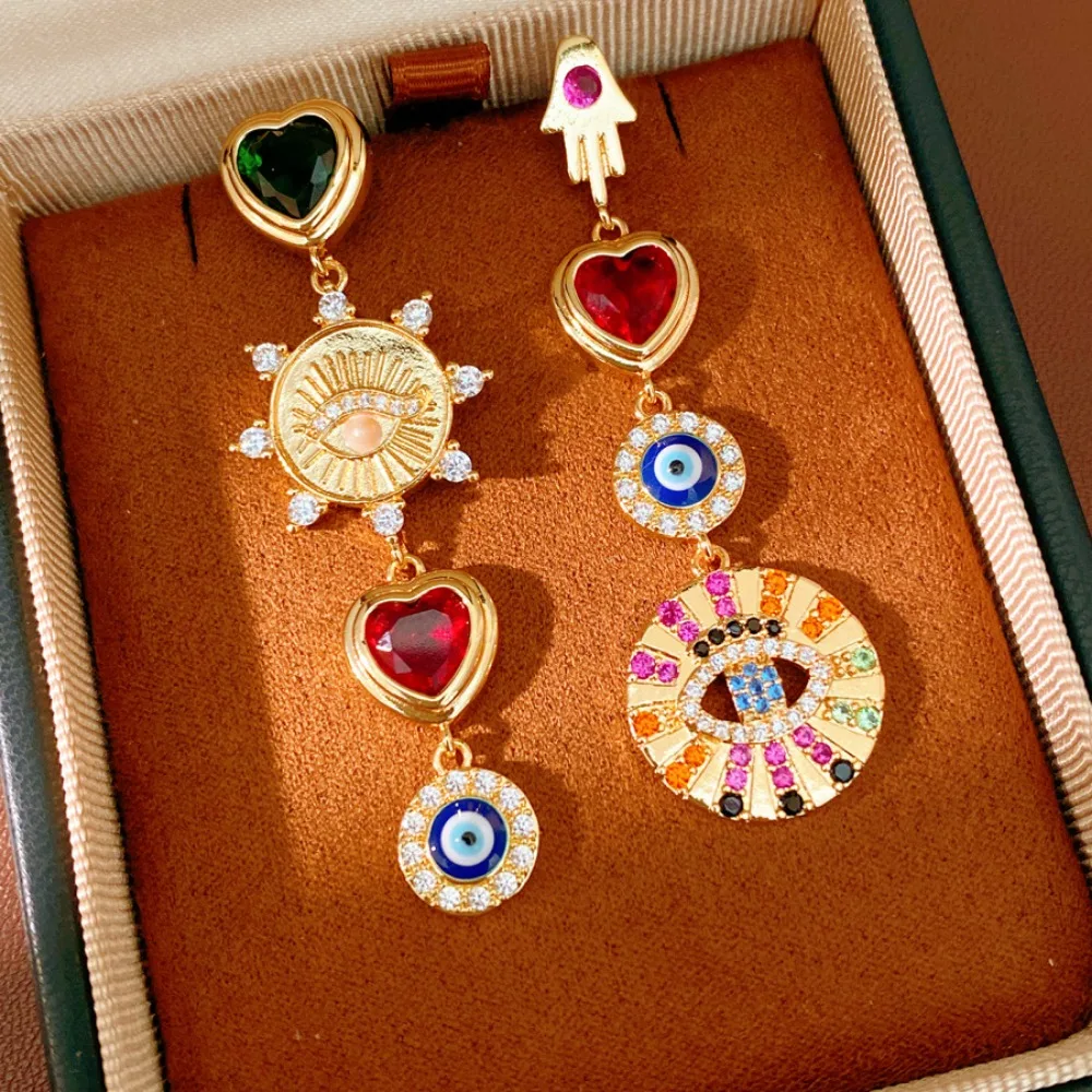Vintage Artistic Gold Tone Inlaid Zircon Heart Evil Eye Mismatched Dangle Earrings Women's Art Exhibition Party Fashion Jewelry