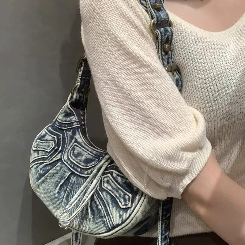 England Style Denim Bags For Womens Luxury Designer Handbag Purse 2024 New In Vintage Distressed Craftsmanship Splicing Shoulder