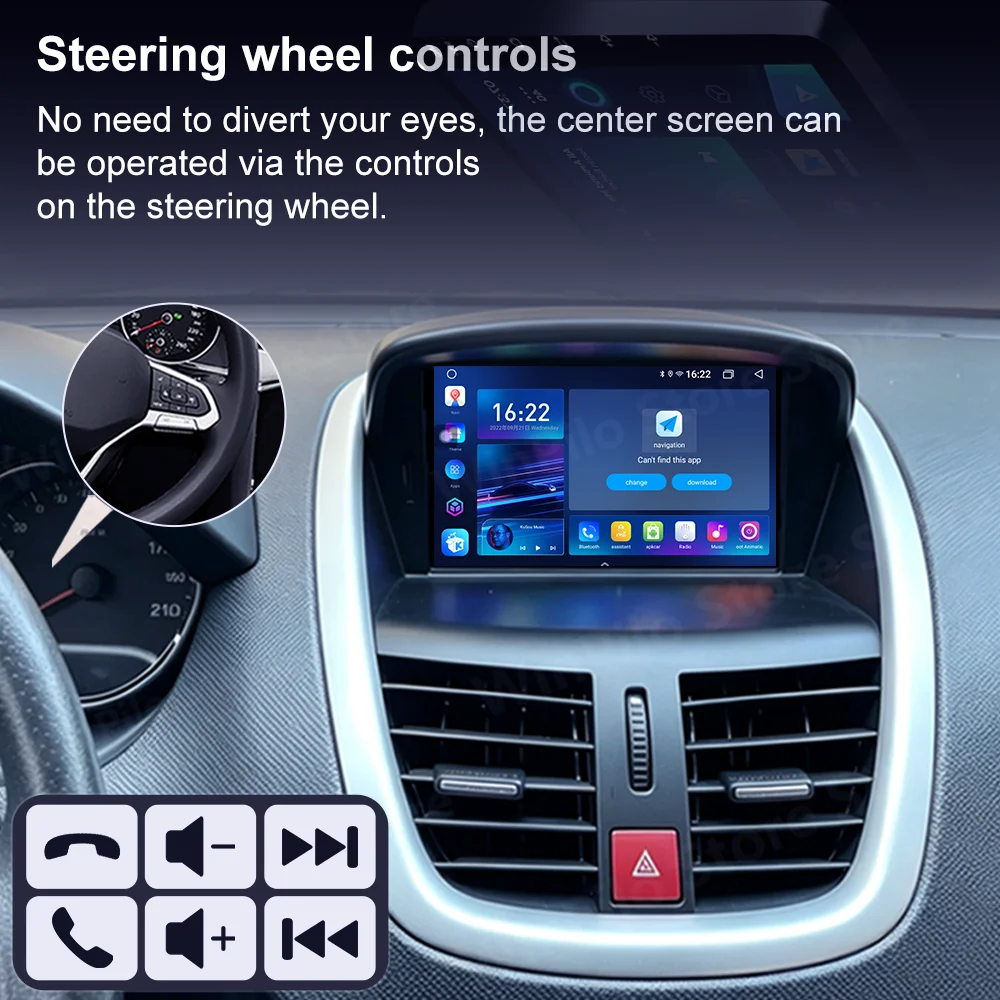 Android 16 para Peugeot 206 + 207 207CC 2006-2015 Reproductor Multimedia para Auto con Carplay, Radio Estéreo, GPS, Navegación, Bluetooth, DVD para Auto